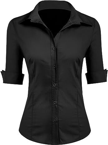 Zeagoo Camicia da donna a 3/4, maniche corte, slim fit, in cotone, con asola, scollo a V, taglie XS-XXL, nero (un numero più piccolo per Slim Fit), XS