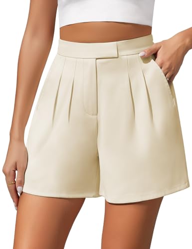 Xnova Pantaloncini da Donna Eleganti e Casual a Gamba Larga, Loose Shorts Vita Alta con Tasche Laterali, Pantaloni Corti con Chiusura Lampo Estivi (Beige, L)