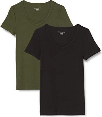 Amazon Essentials T-Shirt con Scollo a v a Maniche Corte Slim Donna, Pacco da 2, Verde Oliva Scuro/Nero, XS