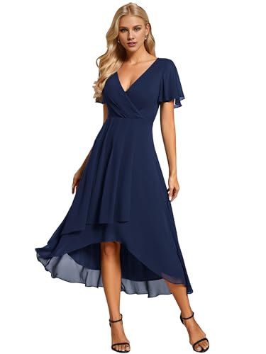 Ever-Pretty Abito da Ospite Scollo A V Maniche A Volant Gonna A Trapezio Abiti Cerimonia Donna Eleganti Blu Navy 50