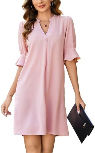 Svanco Camicia Abiti Donne Midi Dress V-Neck Ruffled Maniche Abiti Estivi Colore Solido A-Line Camicia Abito per Donna Loose Fit Casual Abito Rosa S