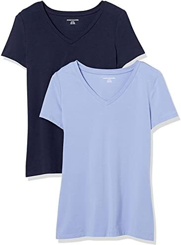 Amazon Essentials T-Shirt con Scollo a v a Maniche Corte con vestibilità Classica Donna, Pacco da 2, Porpora/Blu Marino, M