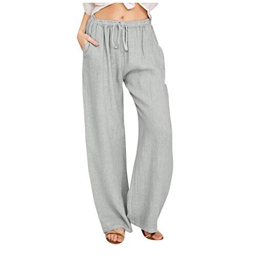 Yivise Pantaloni casual a vita alta, in cotone e lino con coulisse grigio XL