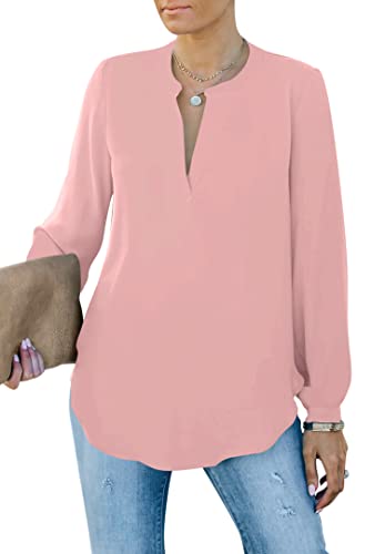 Homlan Camicia da Donna Elegante con Scollo a V, a Maniche Lunghe, da Lavoro, Casual, a Maniche Lunghe, Tinta Unita, Colore: Rosa., XL
