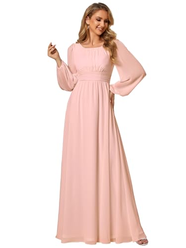 Ever-Pretty Abito da Damigella Donna Chiffon Maniche Lunghe Girocollo Linea A Rosa 44