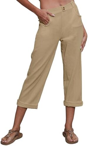 Yutdeng Pantaloni Cottone Lino Donna Pantaloni Estivi Leggeri Pantalone Elegante con Bottone e Tasche Pantaloni Comodi Larghi Gamba Dritta (Corti da 3/4),Cachi,M