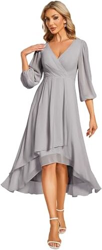 Ever-Pretty Abito Donna da Ospite Nozze High Low Scollo A V Maniche A 3/4 Chiffon Grigio 38