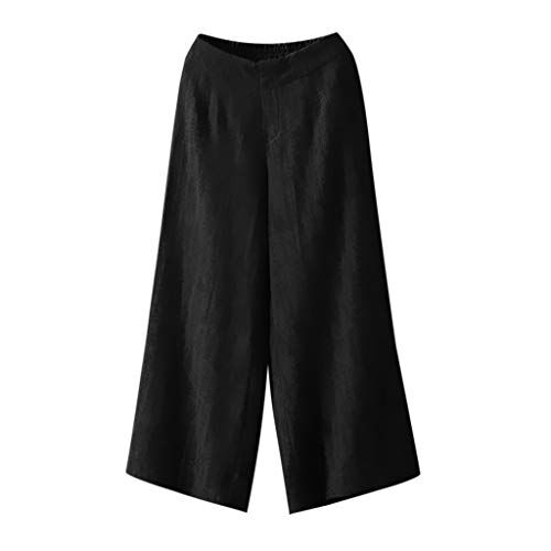 KEERADS Pantaloni Nero Vita Alta Pantaloni Mutandine in cotone lino largo casual elastico vita Palazzo gamba pantaloni donna pantaloni Leggings Brillante (B-Black, XL)