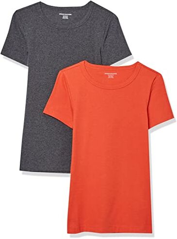 Amazon Essentials T-Shirt Girocollo a Maniche Corte Slim Donna, Pacco da 2, Carbone Puntinato/Rosso Pomodoro, XS