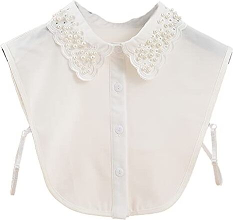 Generic Collare staccabile da donna, finto colletto con perline di perle finte staccabili, camicetta bianca ricamata, in chiffon, mezza camicia