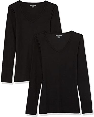 Amazon Essentials Top in Maglia a Costine a Maniche Lunghe con Scollo a V dalla vestibilità Aderente (Disponibile in Taglie Forti) Donna, Pacco da 2, Nero, XS