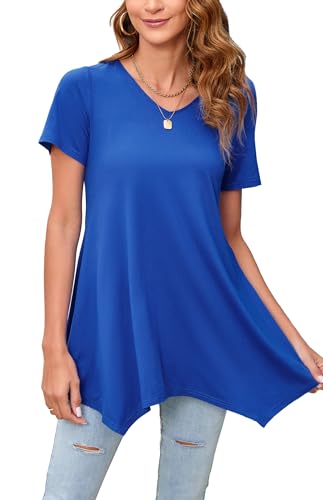 Enmain Donna Tunica Camicetta Blu Manica Corta Camicie Casual Estiva Scollo V Top Camicie Camicetta Longline Tinta Unita Magliette per Vacanze Primavera Estate,Blu Reale,XXL