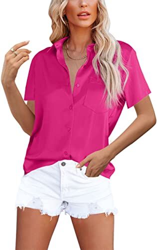 Homlan Camicia da Donna Elegante con Scollo a V, in Raso, a Maniche Corte, Casual, con Tasca sul Petto, Rosa., XXL