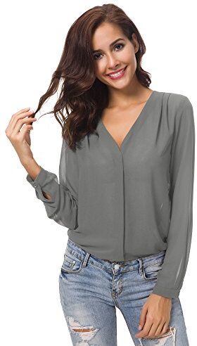 Urban GoCo Donne Camicette Manica Lunga Pieghe Chiffon con Scollo V Colore Puro Camicia Blusa Grigio S