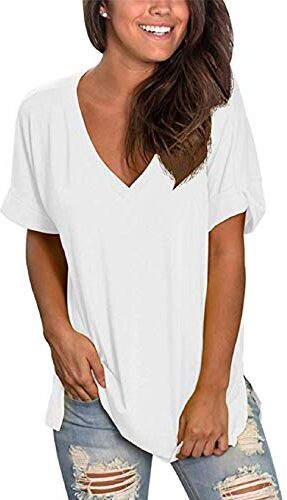 Tuopuda Maglietta Manica Corta Donna, T-Shirt Scollo a V Estiva Elegante Camicia Casual Tinta Unita Camicetta Sportivi Cotone Stretch Moda Top Taglie Forti Manica Blusa, Bianca, M