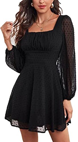 ZJchao Eleganti mini abiti da donna autunno Natale bei vestiti da donna a maniche lunghe abito a vita alta scollo quadrato vestito multi mesh strato cerniera posteriore design abito (S nero)