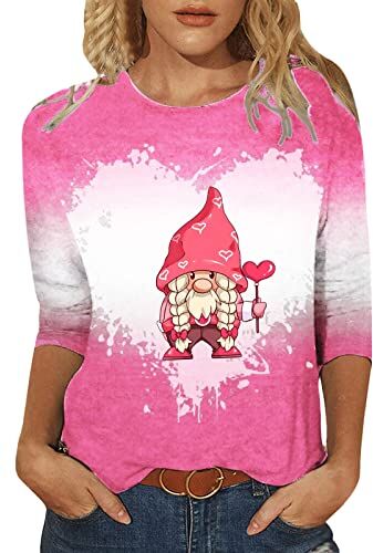 Generic Maglia casual da donna con maniche a tre quarti, maglietta girocollo casual, San Valentino, amore, camicetta stampata, top a tunica, top nero da donna stretto (rosa caldo, XL)