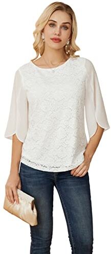 GRACE KARIN Camicia Donna Festa Maniche 3/4 in Pizzo Casual Loose Girocollo Top Camicetta in Poliestere Bianco M