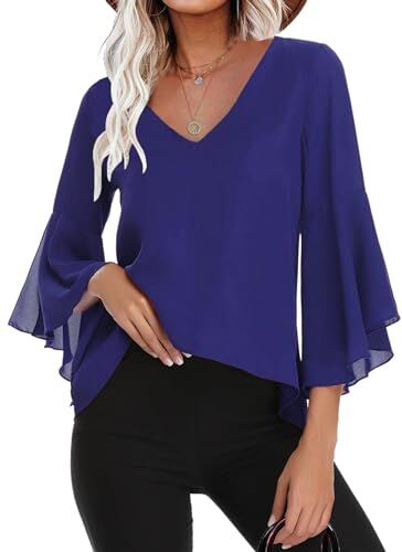 Gyabnw Camicetta Donna Casual in Chiffon Estiva Camicia Elegante Traspirante di 3/4 Manica a Volant Scollo a V Blusa Leggero Classiaca Blu Zaffiro, M