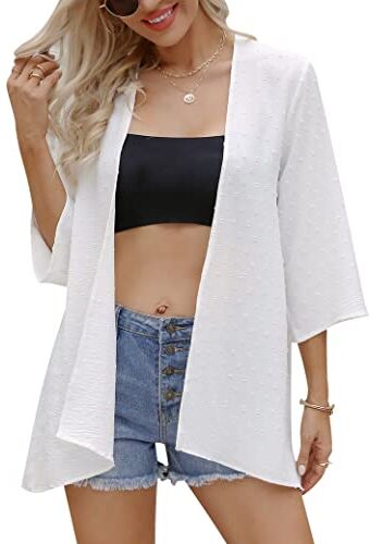 Irevial Coprispalle Donna Elegante Kimono Donna Copricostume Mare Donna Cardigan Chiffon Costume da Bagno Copricostume a Maniche 3/4 Cover Up con Pois Elegante Top Estive Leggera Traspirante