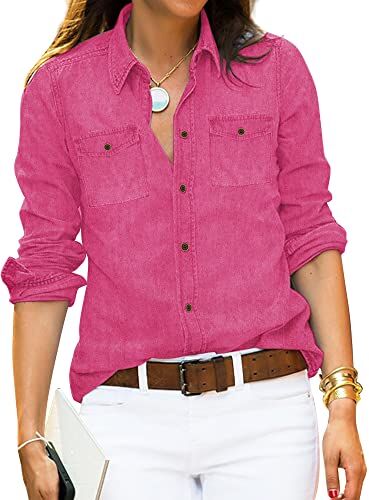 Roskiky Camicia da donna in jeans, camicetta da donna Western Camicetta a tunica da donna a maniche lunghe con bottone, Rosa caldo, XXL