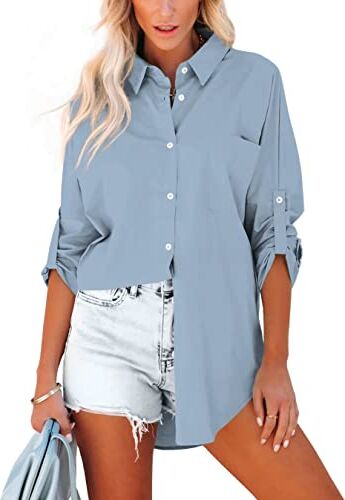 Homlan Camicia da Donna in Cotone, a Maniche Lunghe, Arrotolabile, Elegante, Casual, con Bottoni, Tinta Unita, a Maniche Lunghe, con Tasche sul Petto, Grigio., S