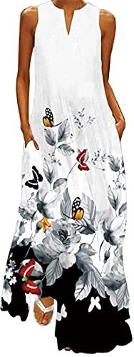 WINKEEY Abito Lungo Estivo Donna Elegante Abito Stampato Plus Size Abito Senza Maniche con Tasche, Pittura a Inchiostro 2XL