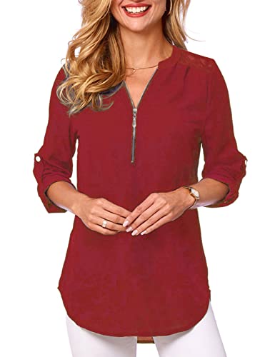 Tuopuda Magliette Donna Estive Camicette Manica Lunga Camicia Elegante Blusa Moda T-Shirt Scollo a V Top con Cerniera Tee Maglietta Casual Shirt Tinta Unita Pullover Taglie Forti, Z1-Rosso, S