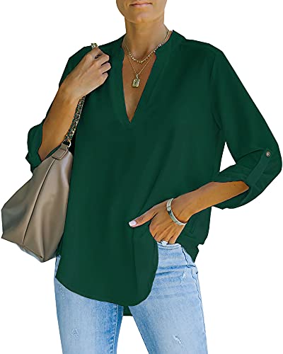 NONSAR Camicetta da donna Henley, elegante, con scollo a V, maniche arrotolabili, in stile casual, verde scuro, S