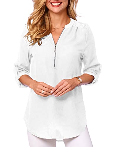 Yuson Girl Donne Camicette Manica Lunga Camicie Scollo a V con Cerniera Casual Bluse e Camicie Eleganti Shirt Tinta Unita Puro Colore Tops(Z-Weiss 02, M)
