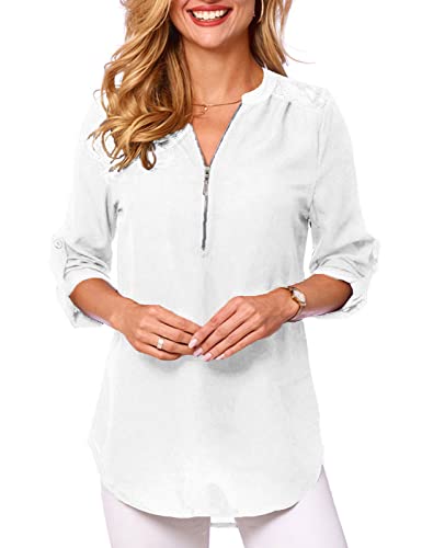 Tuopuda Magliette Donna Estive Camicette Manica Lunga Camicia Elegante Blusa Moda T-Shirt Scollo a V Top con Cerniera Tee Maglietta Casual Shirt Tinta Unita Pullover Taglie Forti, Z1-Bianco, S