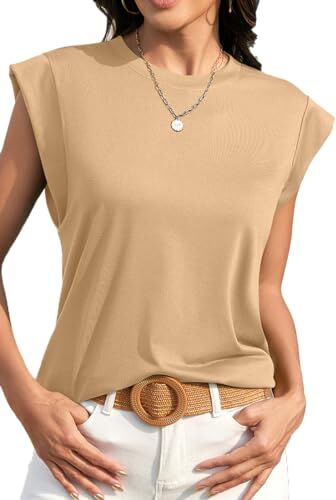 PANOZON Donna Maniche Corte a Righe Canotte Girocollo Estate Vest Onda Casual Camicette Senza Maniche Top (M, Cachi)