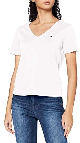 Tommy Jeans Tjw Slim Jersey Scollo a V T-Shirt, Bianco, M Donna