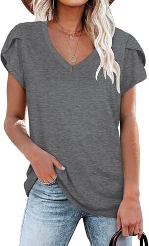 NARRAME Top da Donna T-Shirt Grigia con Maniche a Petalo con Scollo a V Tunica Causale Estiva XXL