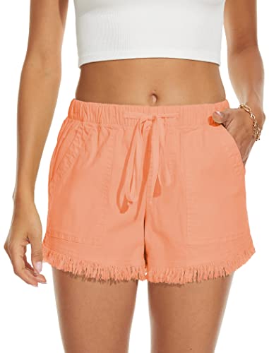 HVEPUO Pantaloni corti, da donna, in cotone, lino, con elastico, F-arancio, XL