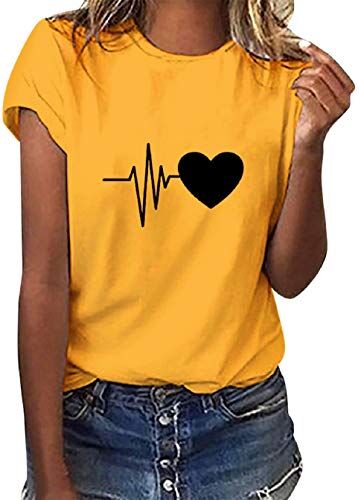 Tuopuda Magliette Donna Estive T-Shirt Manica Corta Elegante Top Cotone Crew Neck Graphic Tee Maglietta Casual Camicia Stampa Shirt Divertenti Sportivi Blusa Moda Top Taglie Forti, Giallo, XXL