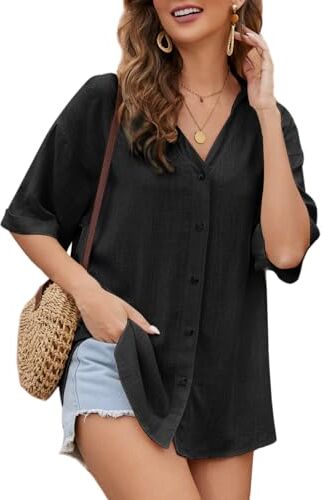 Niwicee Camicia Donna Estiva Camicetta da Donna Manica Corta Lino Elegante Blusa Maglietta con Scollo a V Copricostume da Bagno Sexy Copricostume-Nero-XL