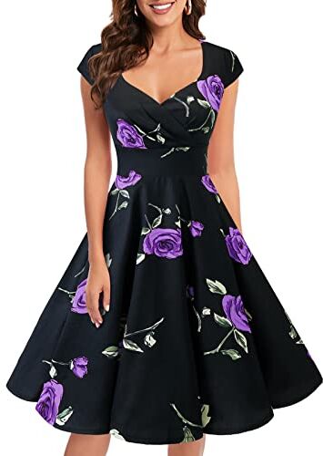 Bbonlinedress Women's Vintage 1950s cap Sleeve Rockabilly Cocktail Dress Multi-Colored Black Purple Brose XS