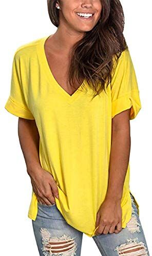 Tuopuda Maglietta Manica Corta Donna, T-Shirt Scollo a V Estiva Elegante Camicia Casual Tinta Unita Camicetta Sportivi Cotone Stretch Moda Top Taglie Forti Manica Blusa, Giallo, S