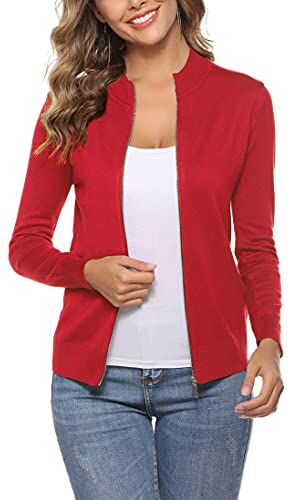 Aottori Cardigan Donna con Zip Maglione Cerniera Leggero Giacca in Maglia Elegante Golfino a Maniche Lunghe Pullover Aperta Casual per Primavera Autunno Invernale Rosso S