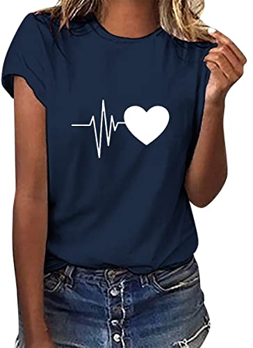 Yuson Girl Magliette Donna Manica Corta Amore/Pianeta Astronauta T-Shirt Cotone Maglietta Elegante Donna Casual Stretch Sciolto Top Magliette Estive con Girocollo Blusa Taglie Forti(A-Marina, M)