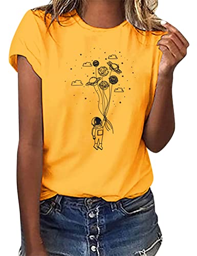Yuson Girl Magliette Donna Manica Corta Amore/Pianeta Astronauta T-Shirt Cotone Maglietta Elegante Donna Casual Stretch Sciolto Top Magliette Estive con Girocollo Blusa Taglie Forti(Giallo 02, M)