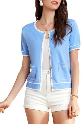 GRACE KARIN Cardigan da donna casual a maniche corte a contrasto di colore girocollo con bottoni, Azzurro, L