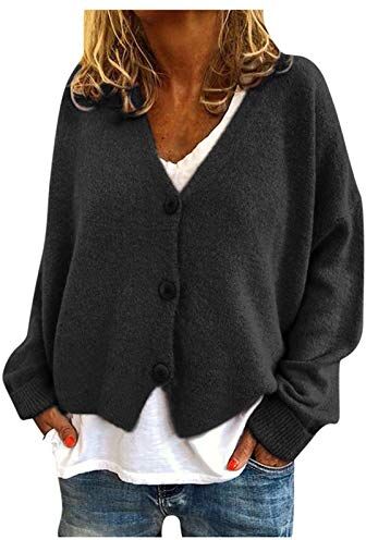 Generic Cardigan da donna con stampa margherita a maniche lunghe con scollo a V, elegante, cardigan da donna taglie forti (03C-nero, XXL)