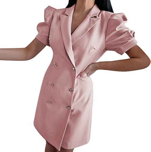 Generic Cappotto da donna in pelle a maniche lunghe con colletto a V giacca invernale sexy aderente in pelle PU Mini abito in pelle con cintura plus size abiti formali corti (03A-rosa, M)