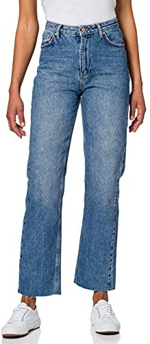 NA-KD Straight High Waist Raw Hem Jeans, Jeans Dritti a Vita Alta con Orlo Grezzo, Donna, Blu (Mid Blue), 46