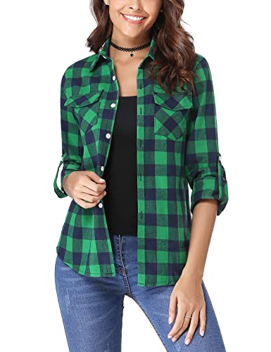 Irevial Camicette da Donna Casual a Lunga Manica Camicia a Quadri Blusa Classica Bottone Shirt con Tasca Frontale Verde XXL