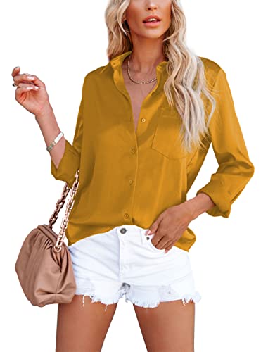 Homlan Camicia da donna elegante con scollo a V, in raso, a maniche lunghe, casual, con tasca sul petto, giallo., L