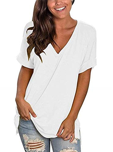 CMTOP T-Shirt Donna Estiva Cotone V Scollo Tinta Unita Maglietta Manica Corta Top Casual Case Camicie Orlo Arrotondato Lungo per Feste