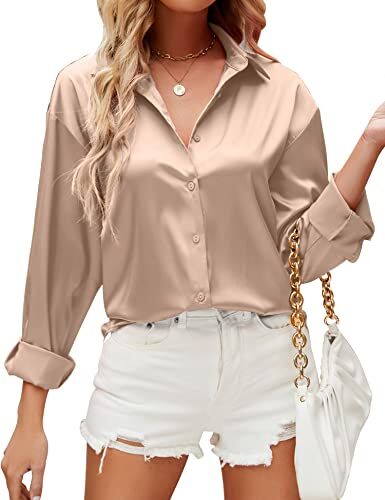 HANERDUN Camicia Donna Elegante Camicia Button Down in Raso di Seta Maglia a Tinta Unita Top